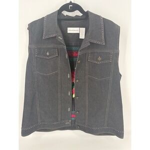 Alfred Dunner Vest‎ Black Denim Floral Embroidered Sleeveless Jacket Medium